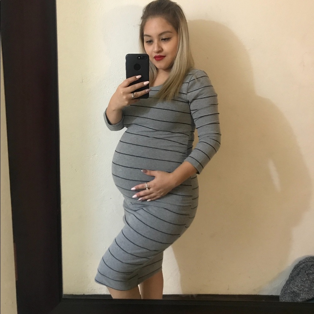 Gray with black striped maternity long sleeve dress